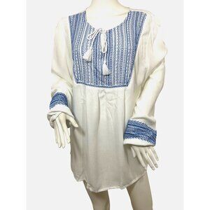 Susan Graver Tunic Top L White Blue Embroidered Boho Cottage V-Neck Rope Tassels
